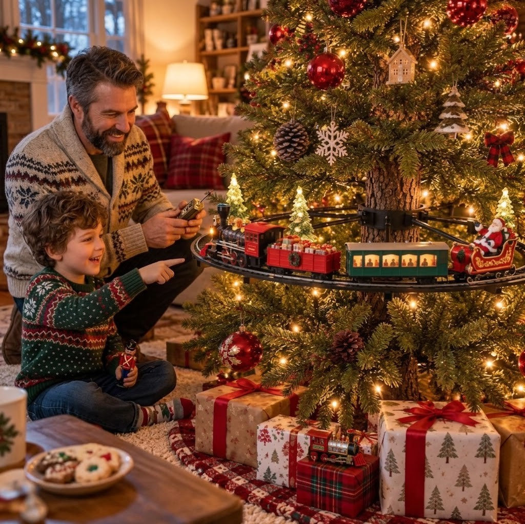 Emerald Express train circling a decorated Christmas tree while a family watches