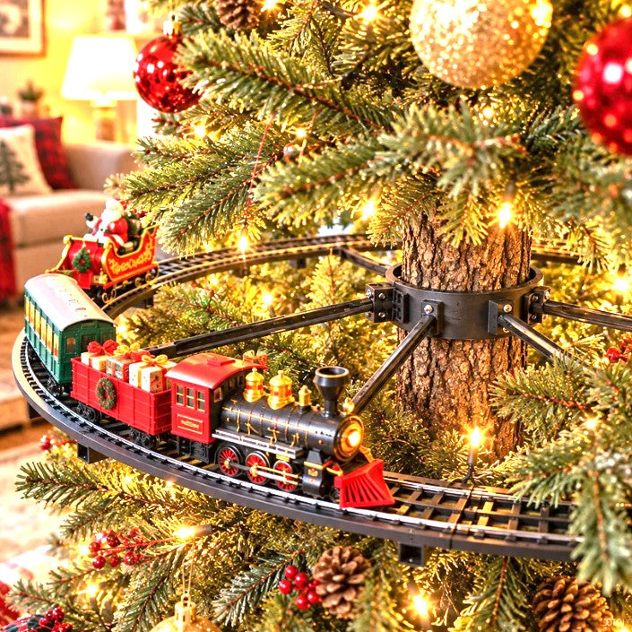 Close-up of the Emerald Express train on its track around the tree trunk