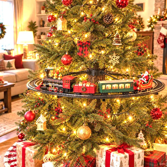Emerald Express train circling a decorated Christmas tree in a cosy living room