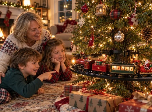 Grandmother and two children watching the train circle the Christmas tree